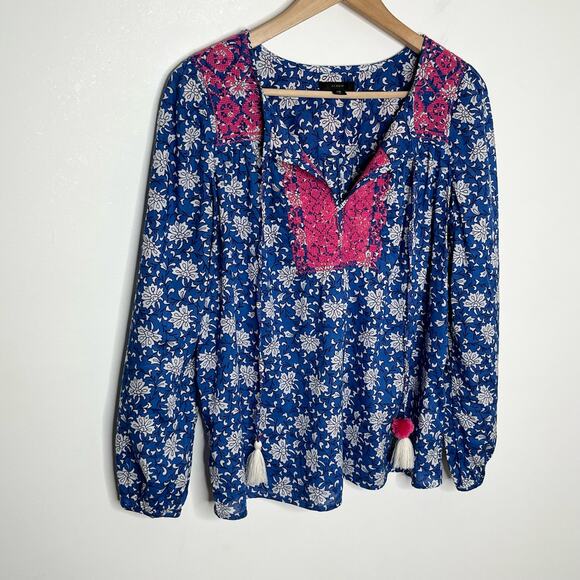 J. Crew Womens Embroidered Peasant Top XS Blue Pink V Neck Tasseled Cotton - Picture 3 of 11